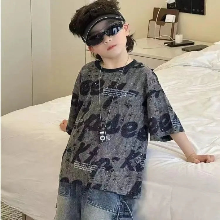 Cute Boys Distressed Letter Print Short Sleeve T-Shirt Summer 2026 Loose Fit Kids Sizes 12-16