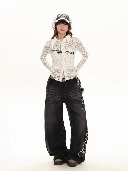 Blue Loose Wide Leg Jeans Women's Fashion High Waist Straight Cut Casual Trousers Autumn New Style Slimming Effect Cotton Pol...