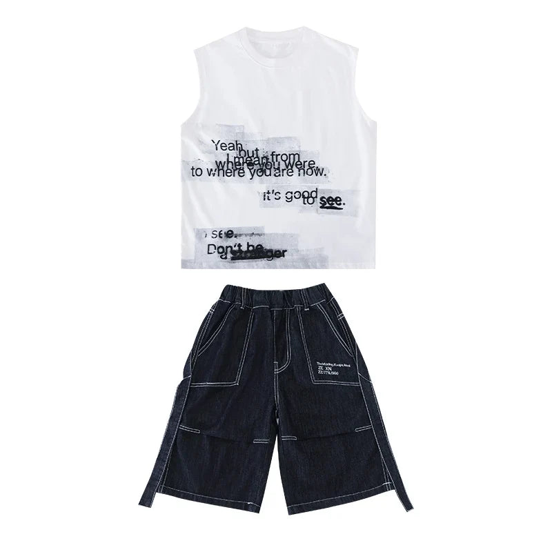 New Summer Children High Quality Cotton Clothing Set for Kids Boy Sleeveless Tshirt And Denim Shorts 2 Pieces Top Bottom Suit
