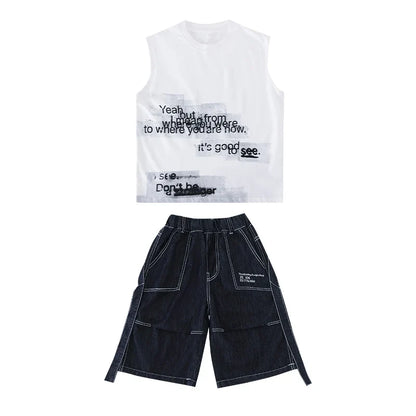 New Summer Children High Quality Cotton Clothing Set for Kids Boy Sleeveless Tshirt And Denim Shorts 2 Pieces Top Bottom Suit