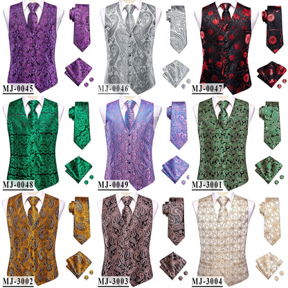 Wedding Coral Pink Mens Vest Silk Tie Set Adjustable Jacquard Waistcoat Jacket Necktie Hanky Cufflinks Formal Party Gifts