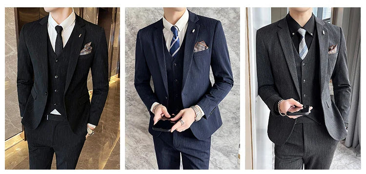 ( Blazer + Vest + Pants ) High-end Formal Casual Business Striped Fashion Men's 3 Piece Suit Groom Wedding Dress Suit