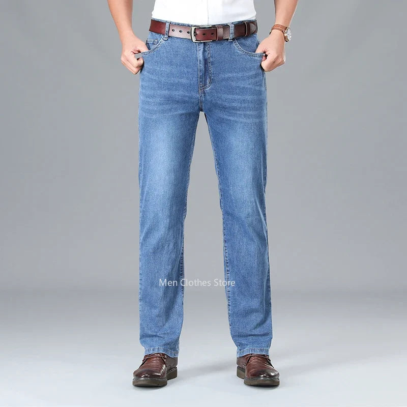 2024 Brand Thin or Thick Material Men's Elastic Cotton Jeans Fashion Gray Comfortable Denim Business Casual High Waist Pants