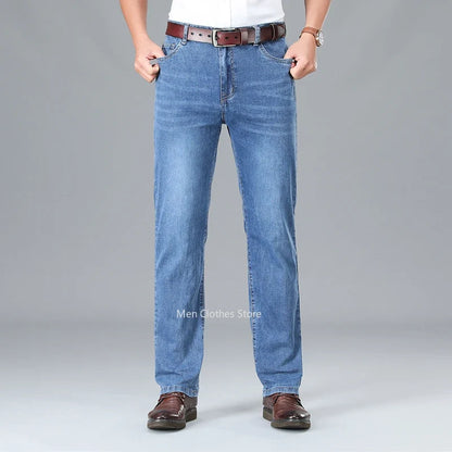 2024 Brand Thin or Thick Material Men's Elastic Cotton Jeans Fashion Gray Comfortable Denim Business Casual High Waist Pants