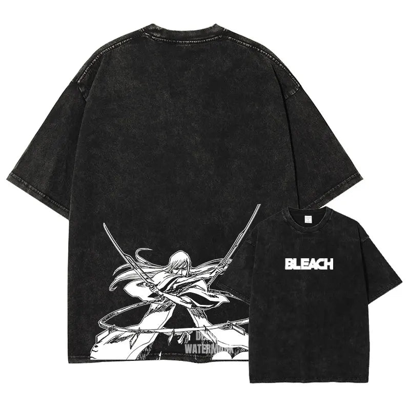 Anime Zaraki Kenpachi T Shirts Oversized Vintage Washed B-Bleach T-shirt Manga Kurosaki Ichigo T Shirt Renji Uryuu Tops Tees Man