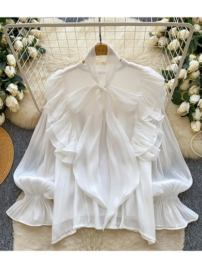 Women Spring Autumn Shirt Fashion French Retro Casual High-end Polka Dot Blouse with Bubble Sleeves Bow Design Top S263