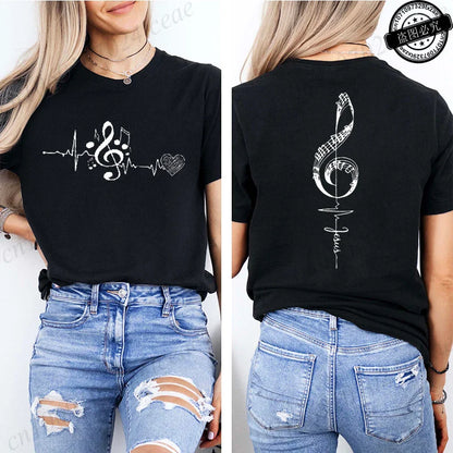 Musical Notes Printed T-Shirt for Women,Heartbeat Music Graphic Tee Shirts Clothes,Aesthetic Women's Tee T-Shirts Musician Gift