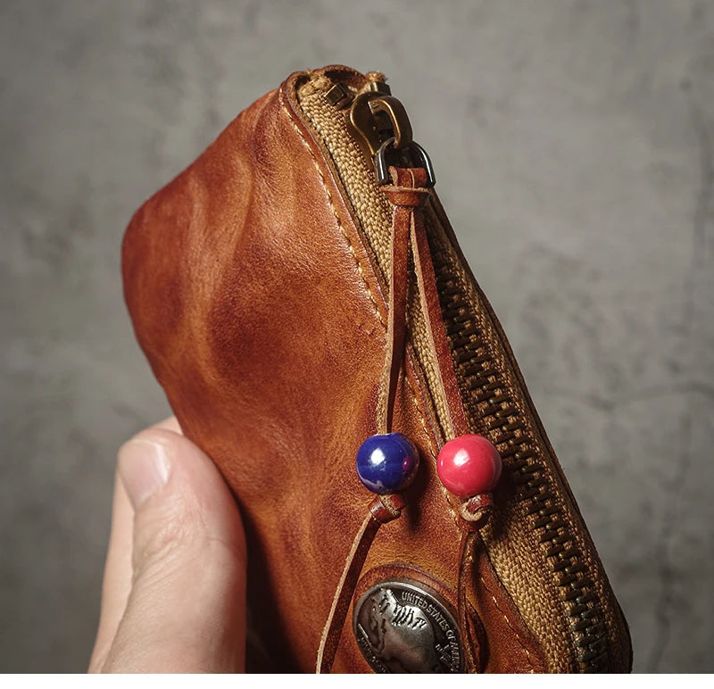 Top Cowhide Car Key Bags Men Women Vintage  Zipper Coin Purse Genuine Leather Wallet Card Holde ‌Housekeeper Home Organizer