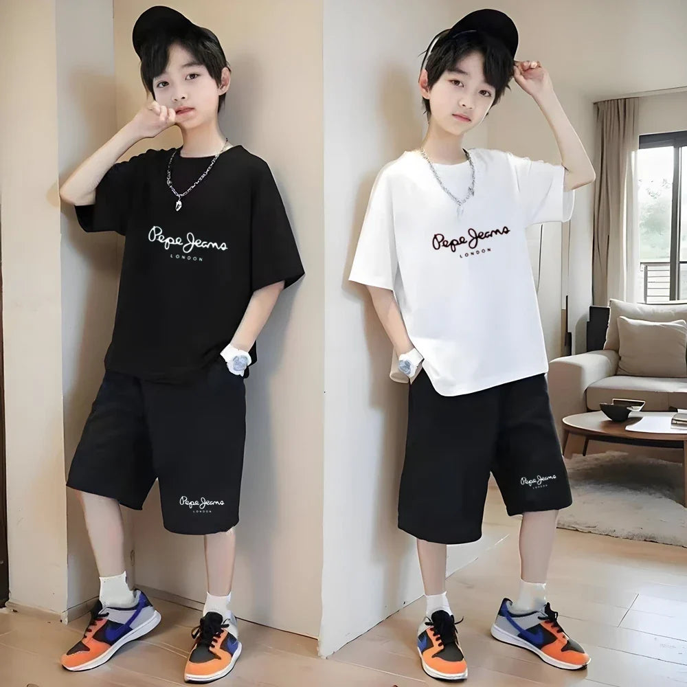 Summer T-shirt Children Short Sleeve Age 3-12 Girls Boy Set White Tshirt+Shorts 2pcs Youngster Cool Refreshing Kids Print Set