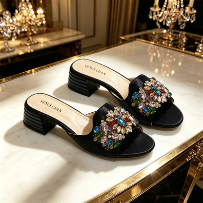 2026 Italian Luxury Dark Purple Rhinestone Sandals Matching Bag Set Women Peep Toe Block Heel Mules Ladies Evening