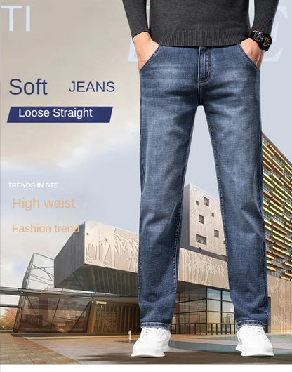 New Spring Summer Plus Size 40 42 44 Men Straight Loose Jeans Business Fashion Denim Stretch Pants Male Brand Trousers