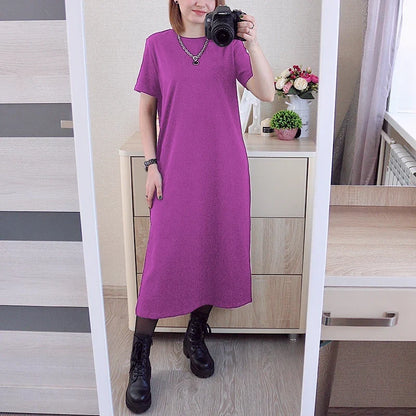 Original Casual 94% Cotton Summer Women's Dresses Solid Short Sleeve Spilt Long Midi Dress Fashion Sundress Female Clothing