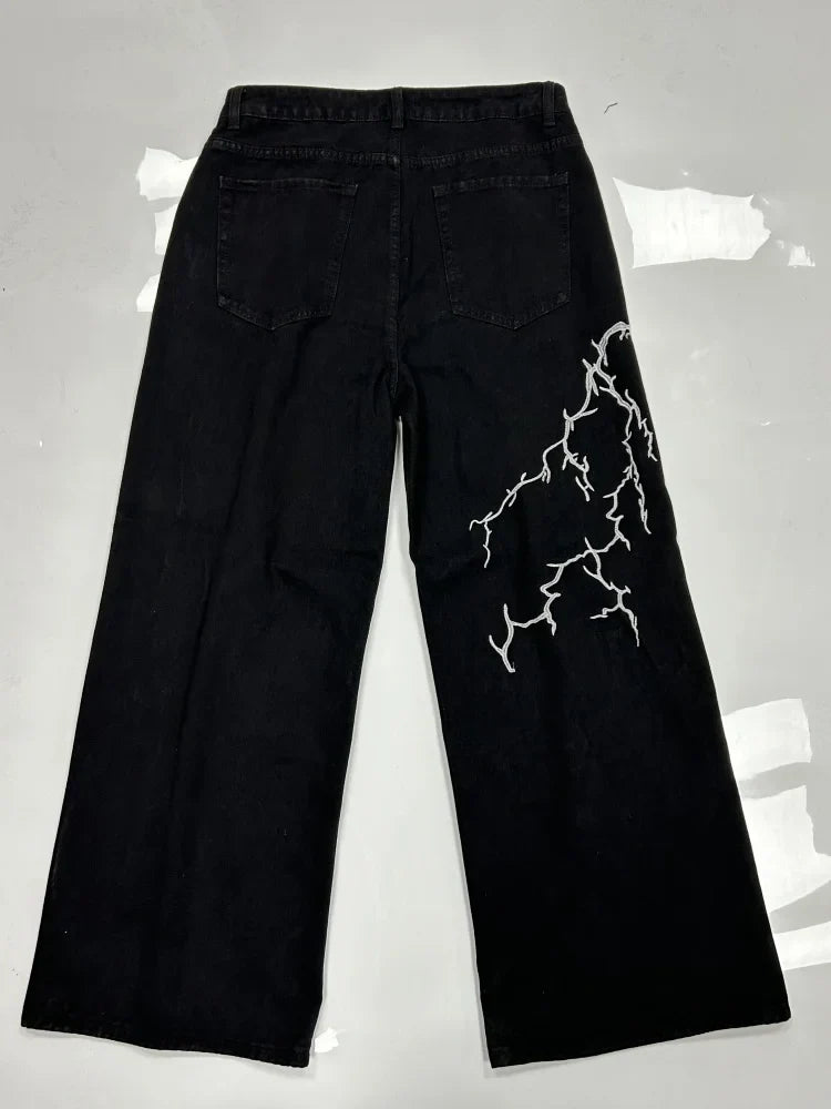 Y2k Fashion Baggy Jeans Black Men's Streetwear Straight Oversize Wide-leg Pants Vintage Lightning Pattern Loose Denim Trousers