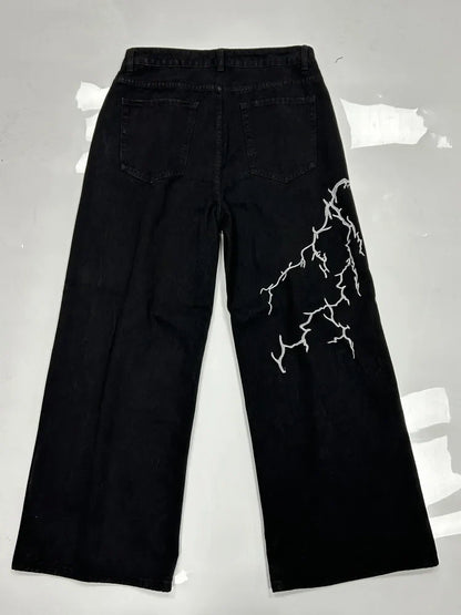 Y2k Fashion Baggy Jeans Black Men's Streetwear Straight Oversize Wide-leg Pants Vintage Lightning Pattern Loose Denim Trousers