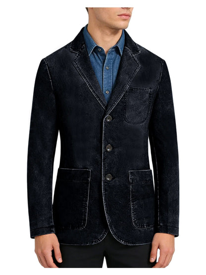 Men‘s Casual Denim Blazer Notch Lapel Jean Jacket Lightweight Stretch Suit Sport Coat with Pockets