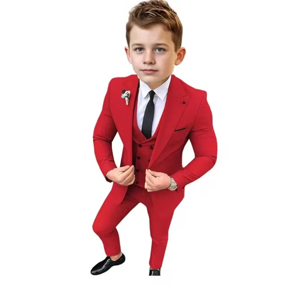 Boys Formal Slim Fit Suits 3 Pieces Holiday Celebration Outfit,Autumn Long Sleeve Kids Peak Lapel Suit Set Wedding Guest Wear