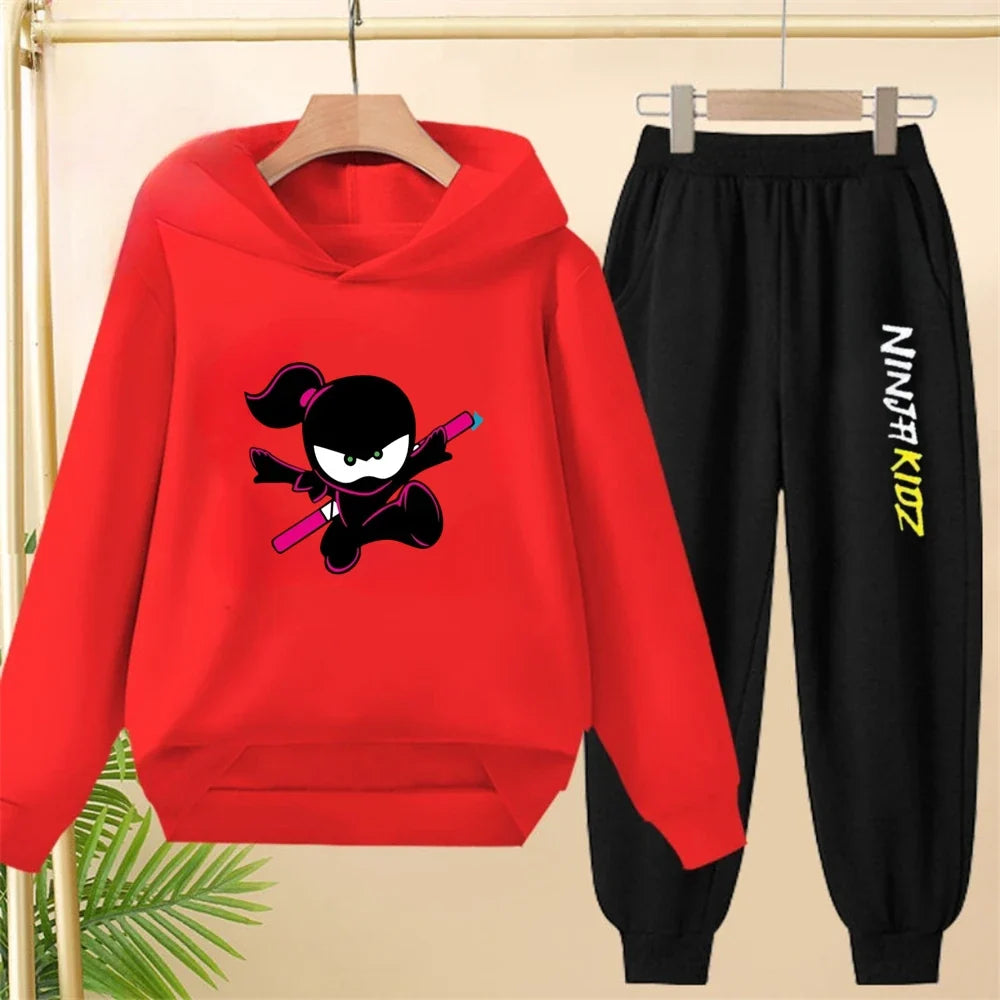 Children Hoodie Child Ninja Print 3-12 Years Old Boys Girls Toddler Coat Top+Pants Stylish Casual Black Sweatshirt Set