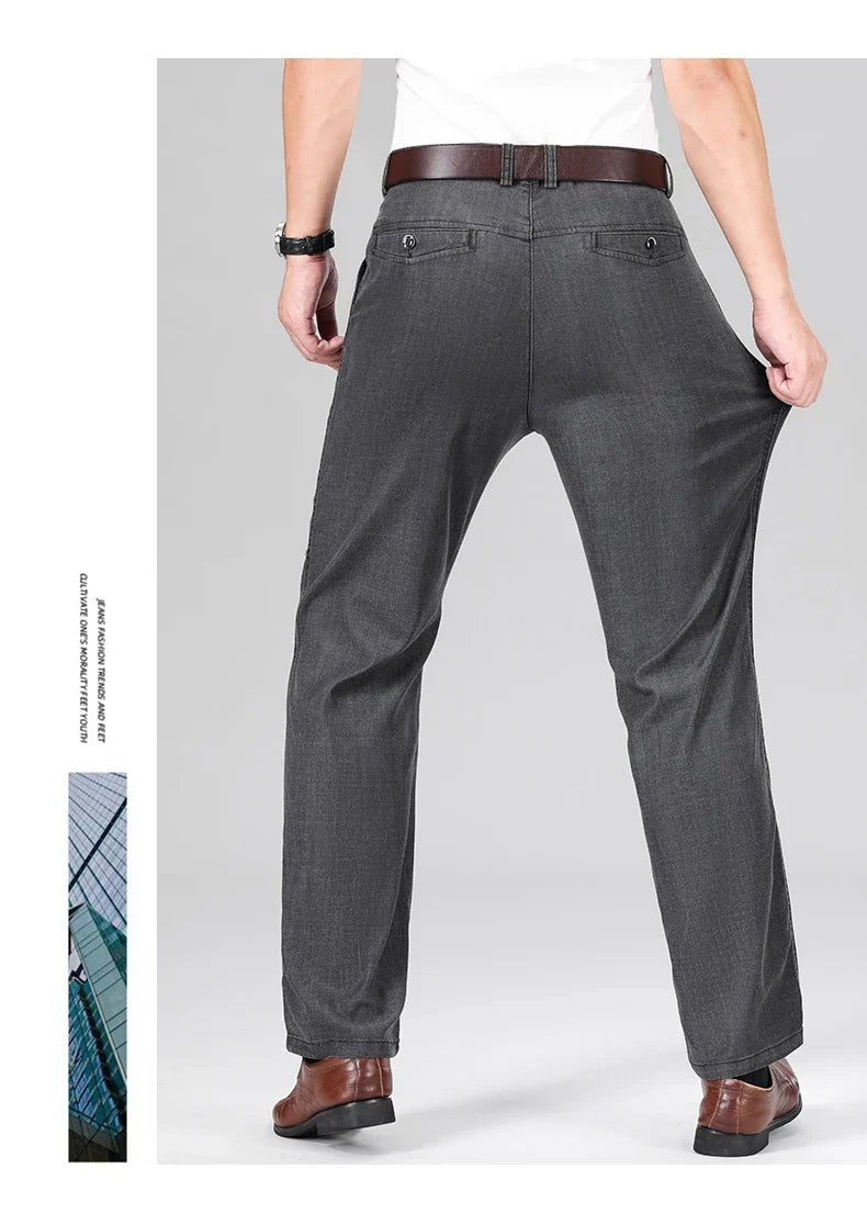 Fabric 2026  Spring Summer Men's Black Thin Straight Jeans Classic Style Business Fashion Stretch Loose Jeans Male Brand