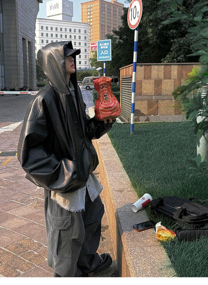 Spring Autumn Short Oversized Black Soft Pu Leather Jacket Men with Hood Zipper Loose Casual Korean Fashion Clothes