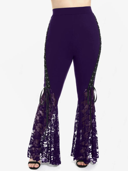 Plus Size Womens Pull On Flare Pants Gothic High Waist Overlength Lace Panel With Lace-up Pleated Trousers Skinny Pants