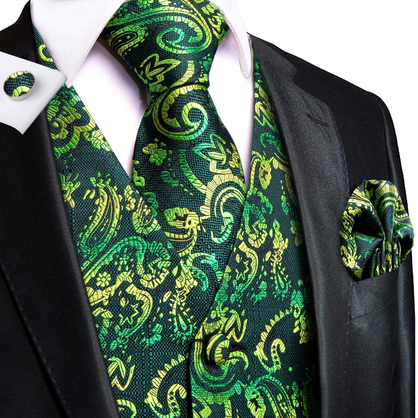 Green Mint Purple Mens Silk Vest Tie Jacquard Autumn Spring Suit Waistcoat Jacket Necktie Hanky Cufflinks for Men Wedding