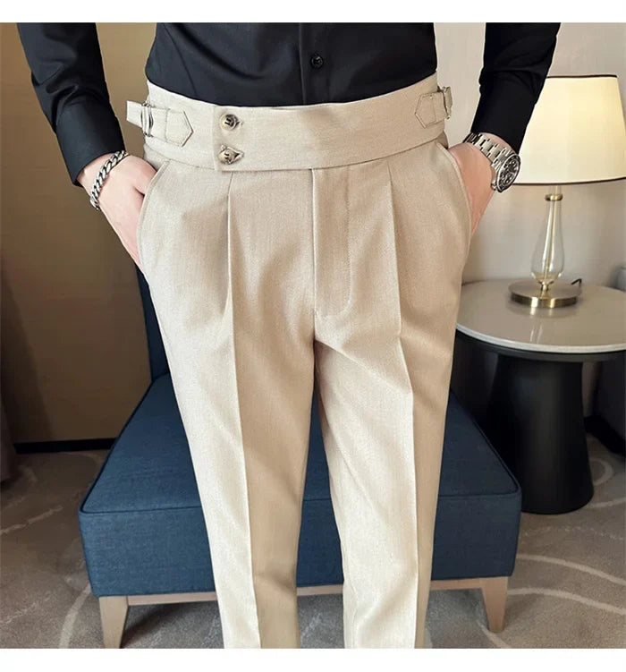 Pure Color Male Business Wedding Dress Pants Fashion Unique Design Men Waist Adjustable Suit Pant No Belt Slim Trousers Homme