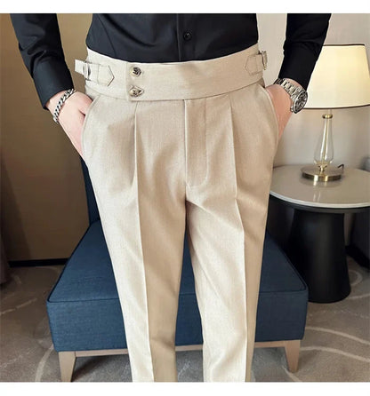 Pure Color Male Business Wedding Dress Pants Fashion Unique Design Men Waist Adjustable Suit Pant No Belt Slim Trousers Homme