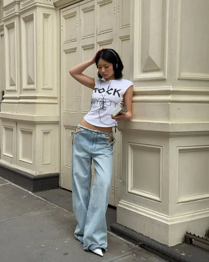 Y2K American Retro Star Cut-Out Embellished Women Blue High-Waisted Fashion Hip-Hop Streetwear Casual Loose Denim Jeans
