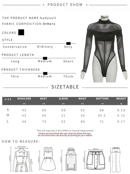 Weird Puss Coquette See Through Bodysuit Women Sexy Wild Mesh Hipster Patchwork Full Sleeve Midnight Stretch Street Clubwear