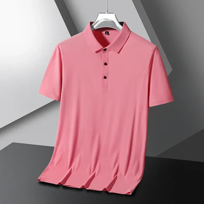 Summer Ice Silk Polo Shirt High-End T-Shirt Solid Color New Half Sleeve Non-Marking Casual Lapels Business Thin Menswear 2025