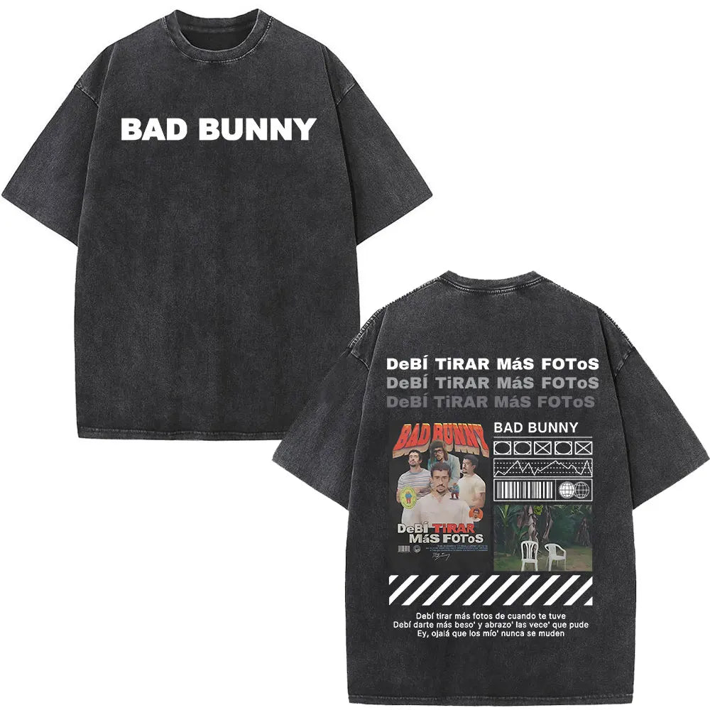 Rapper Bad Bunny Washed Vintage T-shirt Debi Tirar Mas Fotos DTMF World Tour T Shirts Men's Fashion Hip Hop T-shirts Streetwear