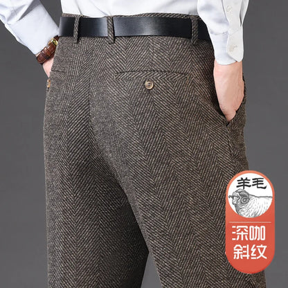 Autumn Winter Suit Pants Thicken Mens British Pants Straight Flat Loose High Waist Twill Dress Men Wool Trousers Size 40 42 44