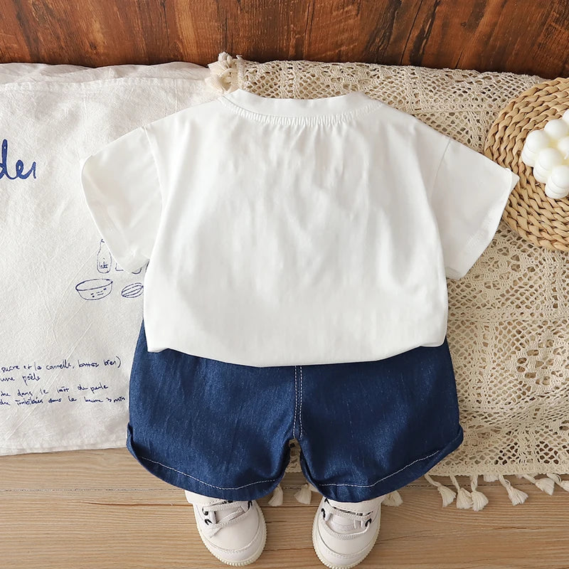 0-5 Years Old Toddler Baby Boys Dinosaur Print T-Shirt & Denim Shorts 2Pcs Casual Outfit Summer Kids Clothing Set