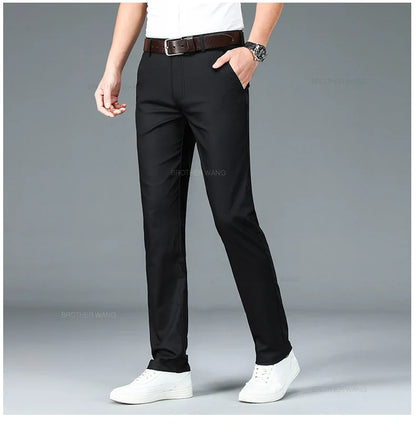 Bamboo Fiber Fabric Men's Casual Pants Summer New Ultra-thin Elastic Soft Straight Business Trousers Classic Black Khaki Gray