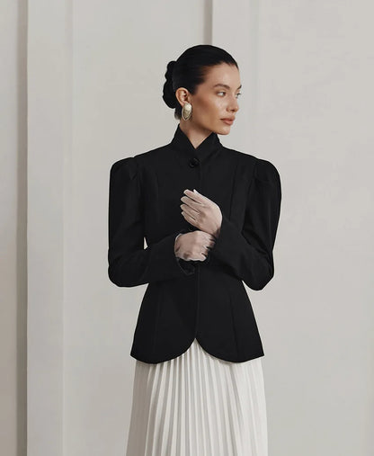 French Style Elegant Retro Stand Collar Black Suit Autumn Winter New Temperament Commute Puff Sleeve Slim Female Coat Tops Trend