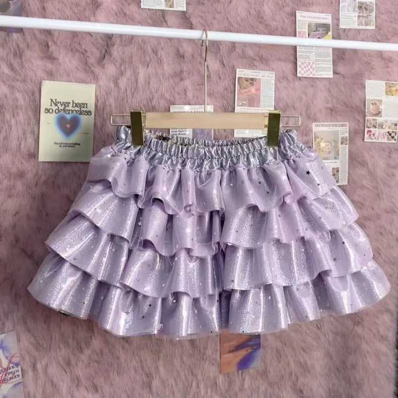 Summer Sweet Princess Mini Skirt Women Hot Girl Subculture Purple Color Short Skirt Y2k Harajuku Fashion Bow Puffy Cake Skirt
