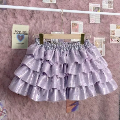Summer Sweet Princess Mini Skirt Women Hot Girl Subculture Purple Color Short Skirt Y2k Harajuku Fashion Bow Puffy Cake Skirt
