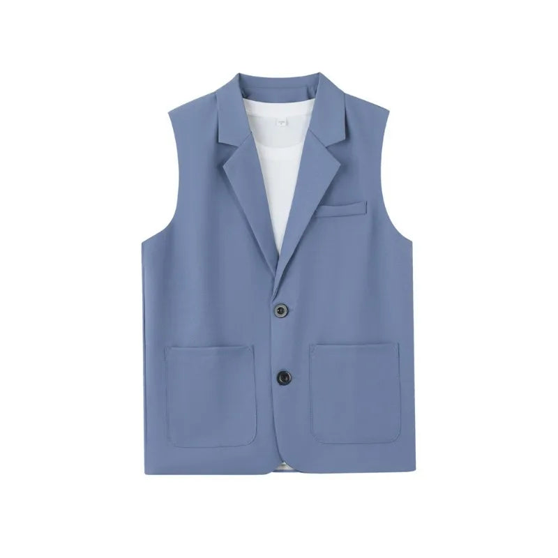 Summer Suit Vest Turn Down Collar Single-breasted Male Waist Sleeveless Pocket Versatile Business Casual Man Coat