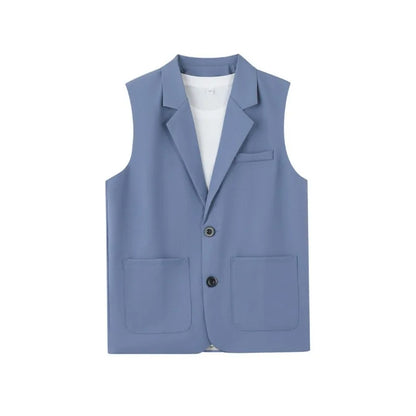 Summer Suit Vest Turn Down Collar Single-breasted Male Waist Sleeveless Pocket Versatile Business Casual Man Coat
