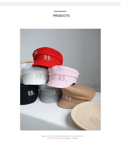 Autumn Winter Newsboy Caps Women Wool Diamond Letter Caps Baker Boy Cap S-XL