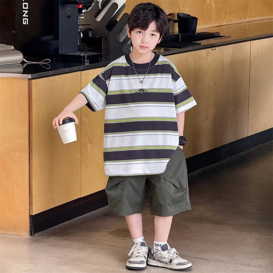 New Arrival Stylish Kids Summer Striped Suit for Teenage Boy Fashion Street Clothing Children Casual T-shirt Shorts 2PCS Set