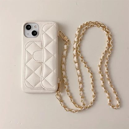 Crossbody Lanyard Wallet Phone Case For iPhone 15 14 13 16 Pro Max Card Holder Necklace Chain Luxury  Leather ( NO LOGO)