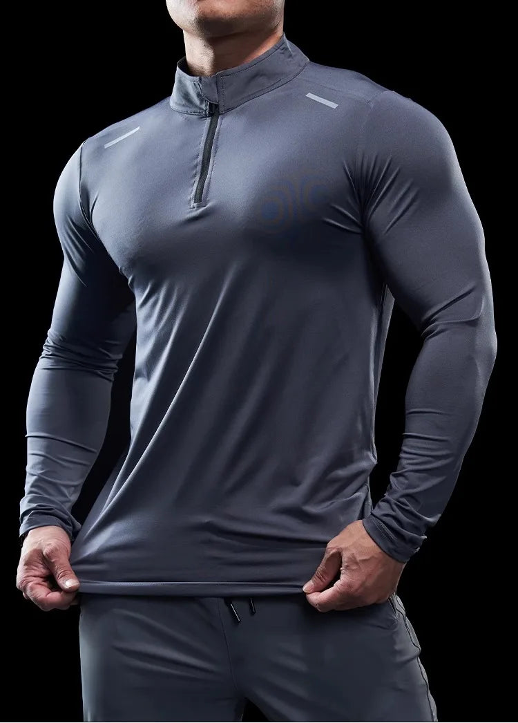 Men Stand Collar Zipper T-shirt Gym Running Training Fitness Bodybuilding Sport Top Quality Elastic Long Sleeve Tight Tops Tees