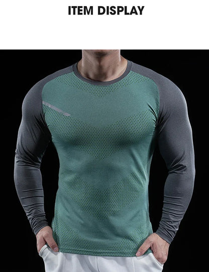 Autumn Winter Men Gym Fitness Display Long Sleeve T-Shirt Crew Neck Elastic Moisture Wicking Tights Running Training Bottom Top