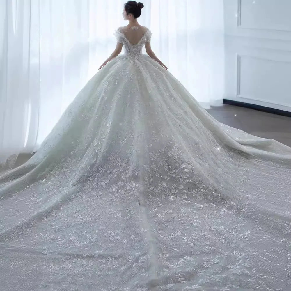 2025 Princess Sexy Luxury Crystal Beaded Wedding Dress Puff Tulle White Gown Bride Pregnant Women's High-end Gown with Trailing