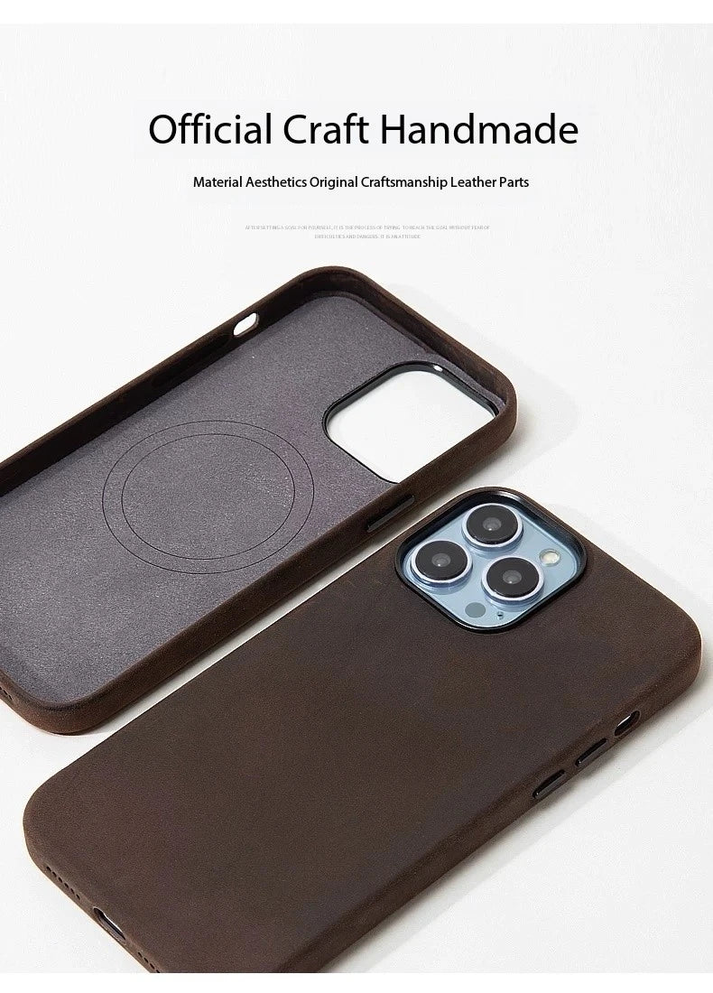Italian Crazy Horse Genuine Leather Case for iPhone 16 15 17 Pro Max Magnetic Cases Personality Cowhide with MagSafe Phone Cover