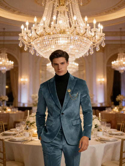 Men's Teal Velvet Blazer 1 Button Single Breasted Slim Fit Formal Wedding Party Suit Jacket