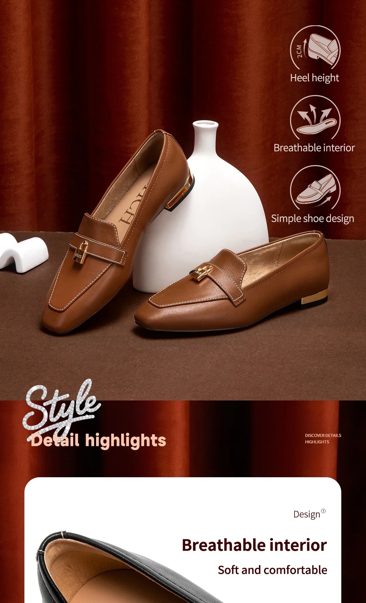 Women's Leather Loafers with Gold Lock Detail Square Toe Low Heel Penny Casual Office Slip-On Dress Shoes for Woman