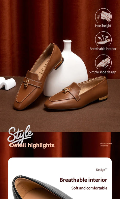Women's Leather Loafers with Gold Lock Detail Square Toe Low Heel Penny Casual Office Slip-On Dress Shoes for Woman