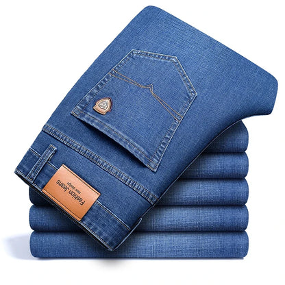 2024 autumn spring fitted straight stretch denim jeans classic style badge youth men's business casual jeans trousers